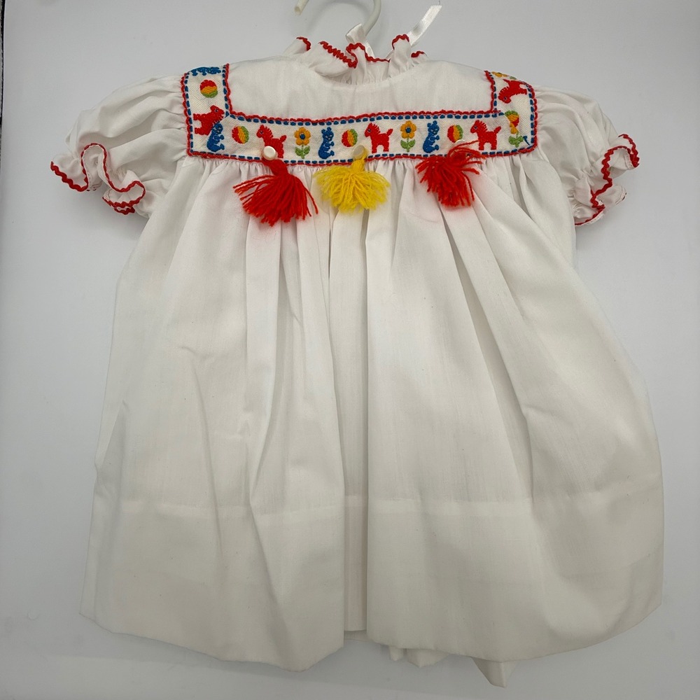 Vintage Betti Terrell White Embroidered Smocked Baby Dress Tassels Red Yellow